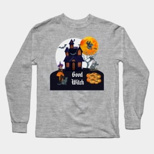 Spooky Halloween good witch and haunted house Long Sleeve T-Shirt